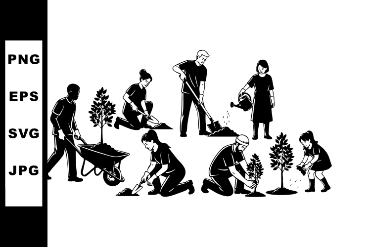 Group of People Planting Trees in Community Garden Vector Il
