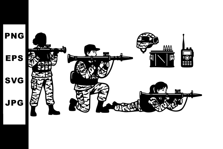 Soldiers in combat positions with military gear and radio co