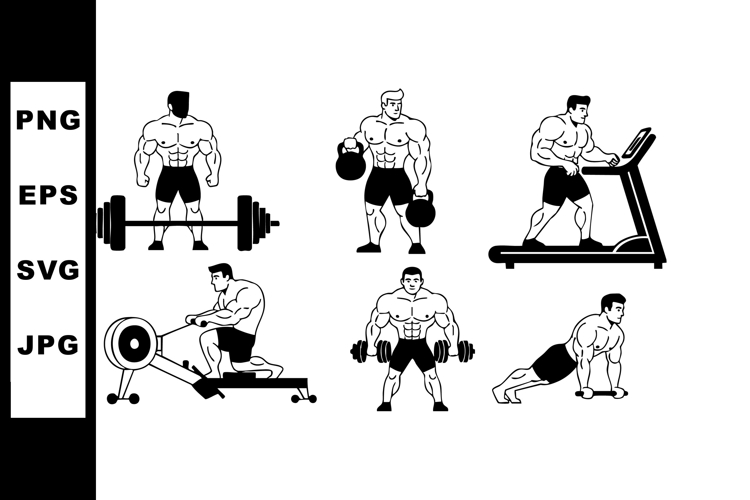 Muscular man exercising with weights treadmill and rowing ma