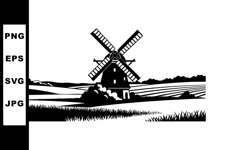 Windmill on rural farmland landscape black and white vector