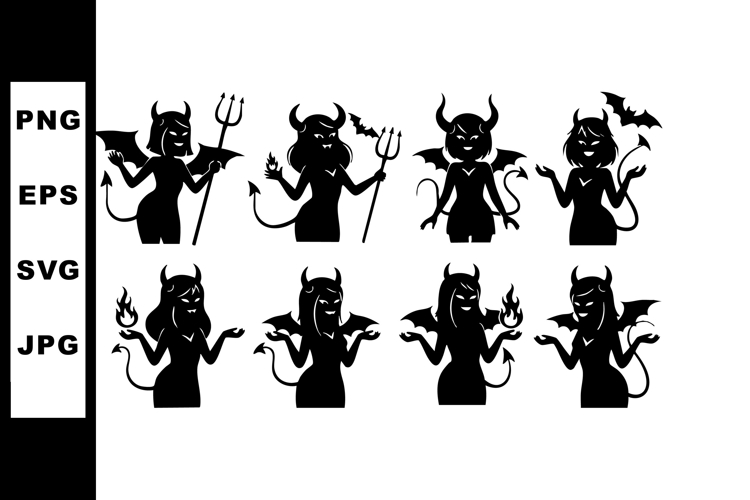 Cartoon devil characters with horns pitchforks and wings in