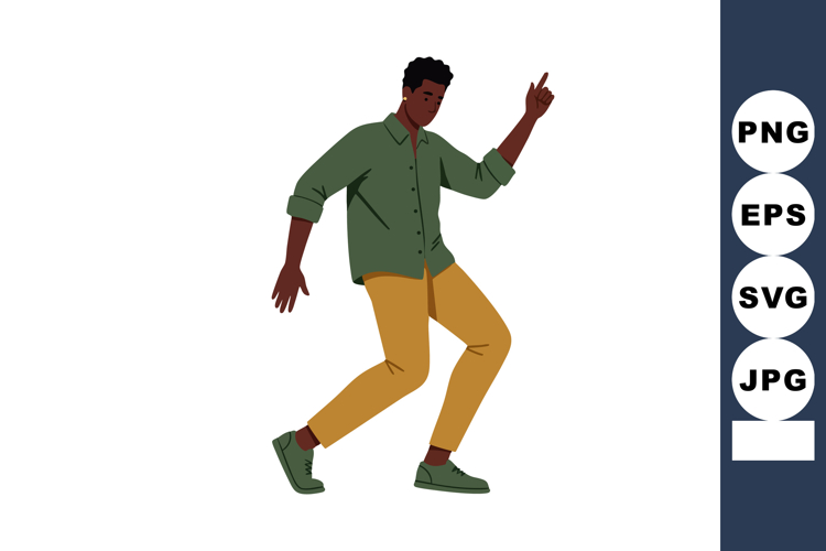 Man dancing with green shirt and mustard pants in casual sty