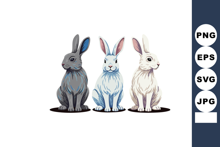 Three sitting rabbits in grey white and blue fur vector illu