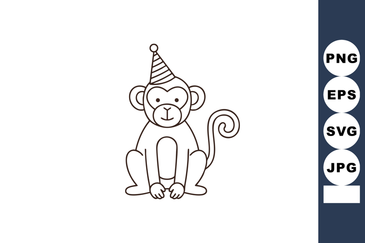 Monkey wearing party hat simple line art style vector illust example image 1
