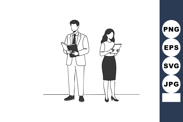 Professional business man and woman standing and reading doc