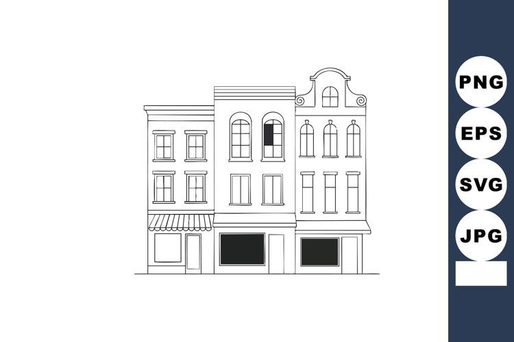Vintage European style buildings with shops and detailed fac