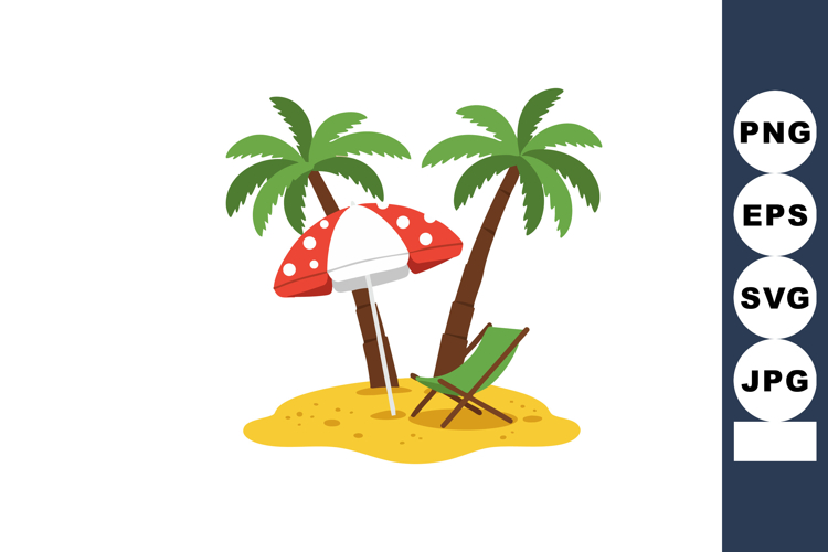 Tropical island scene with palm trees beach umbrella and dec