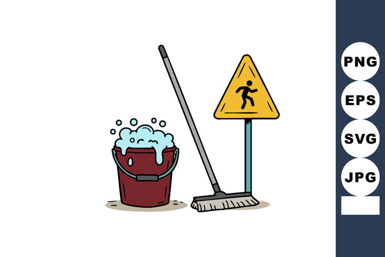 Cleaning bucket with foam mop and caution wet floor sign for
