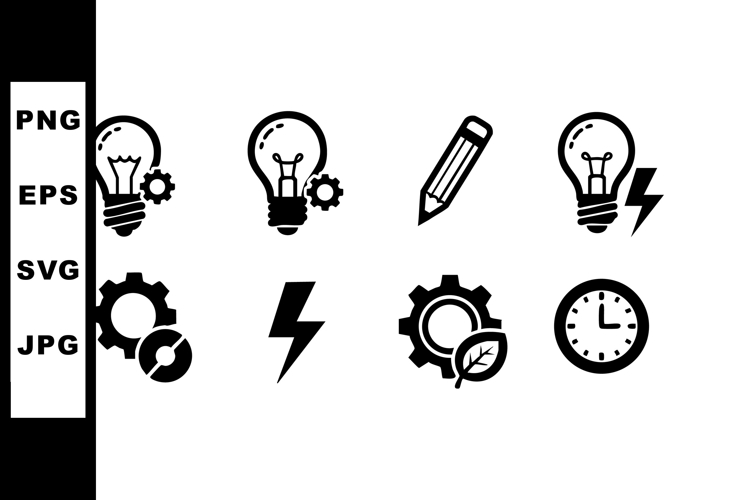 Lightbulb gear pencil clock icons representing ideas innovat