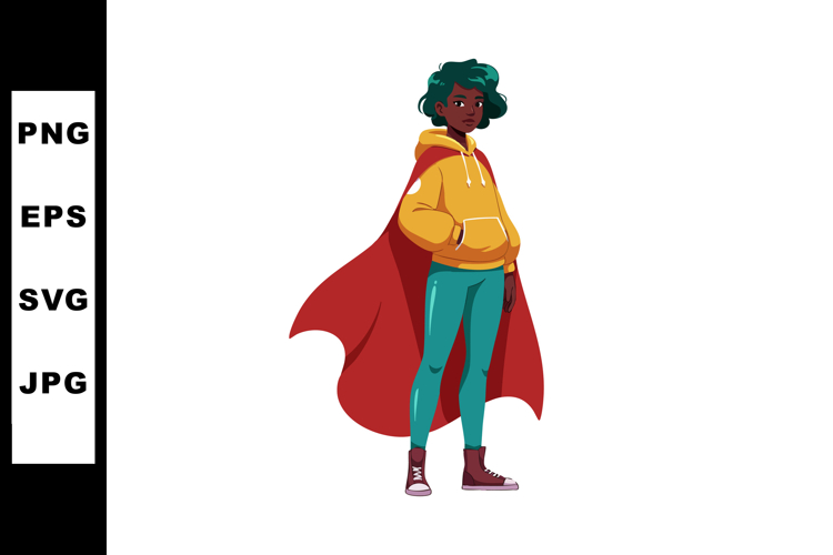 Young girl with red cape and yellow hoodie standing confiden