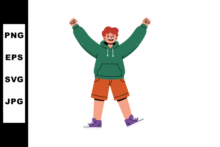 Happy red haired boy wearing green hoodie and orange shorts