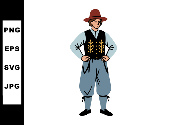 Man in traditional folk costume with brown hat and embroider