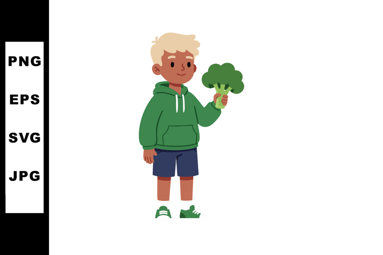Boy holding broccoli healthy eating habit green hoodie casua