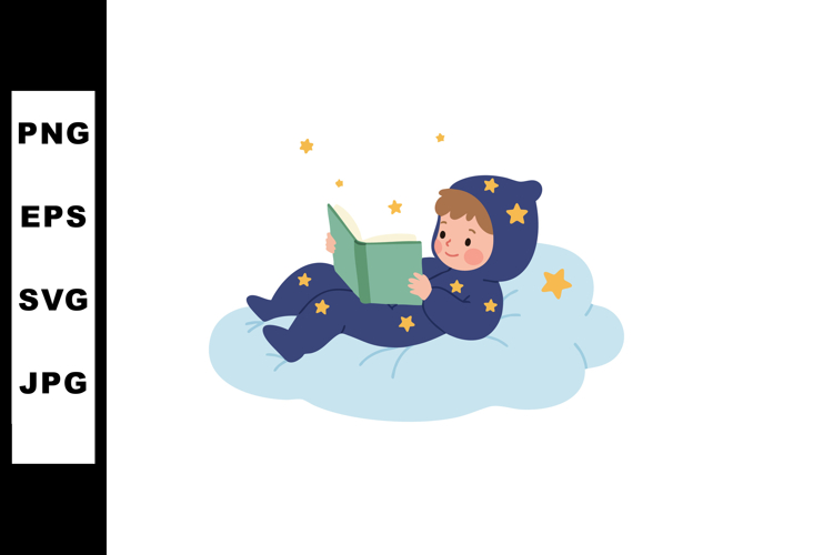Baby wearing star pajamas reading book lying on cloud vector