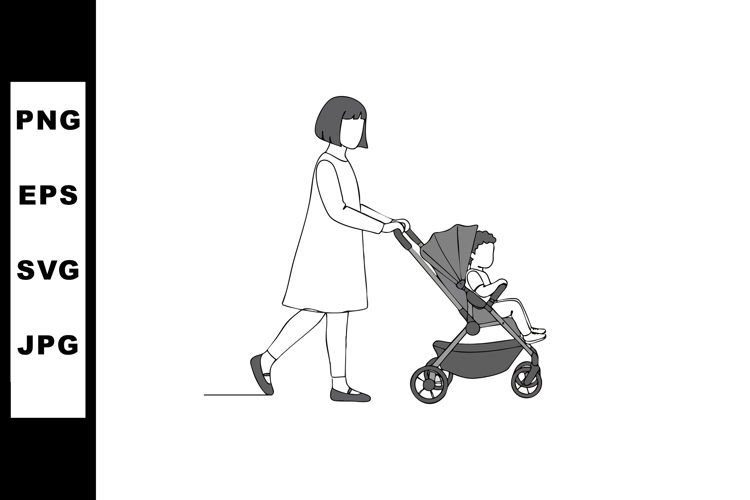 Woman pushing baby stroller minimalistic vector illustration