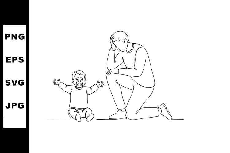 Father comforting crying baby son in line art vector illustr