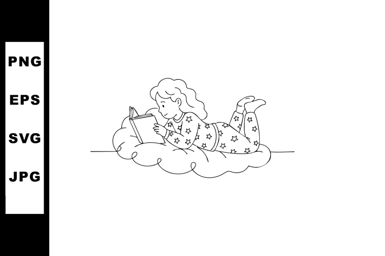 Girl Reading Book Lying on Cloud Relaxing Imaginative Childh