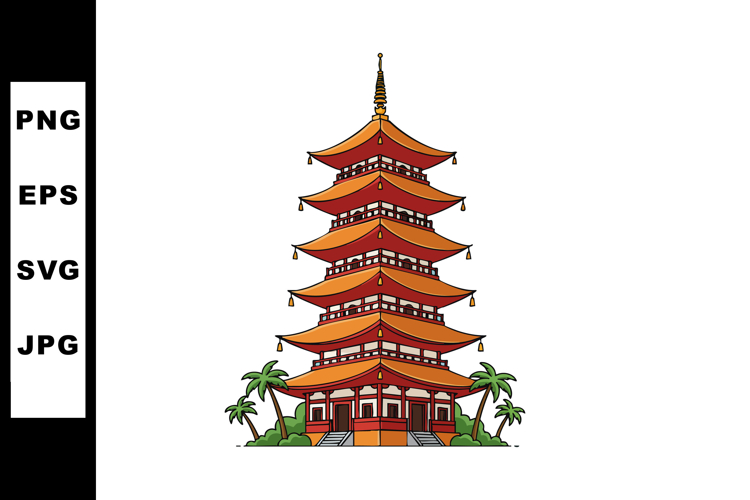 Traditional Asian Pagoda with Palm Trees and Red Roof Archit example image 1
