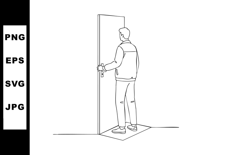 Man opening door simple line art vector illustration with mi