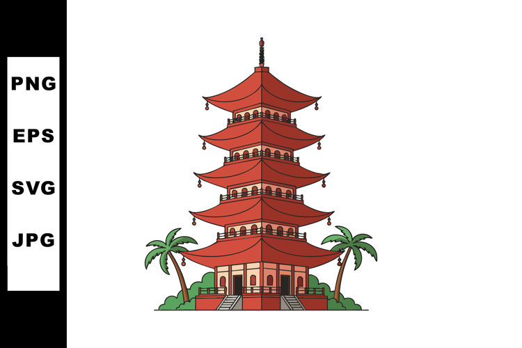 Five tier traditional red pagoda temple with palm trees vect