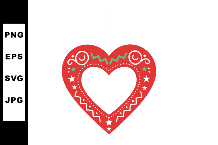 Red heart with decorative white and green folk art pattern v