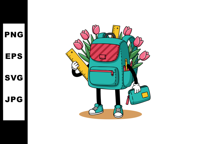Cartoon backpack character holding ruler and pencil case wit
