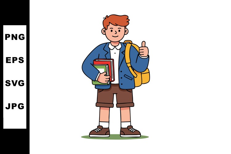 Schoolboy with backpack holding books giving thumbs up vecto