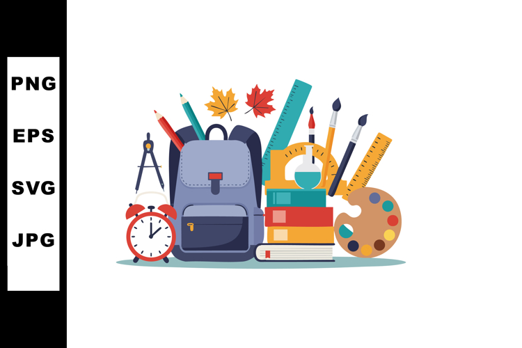 School supplies and autumn leaves with backpack and art tool
