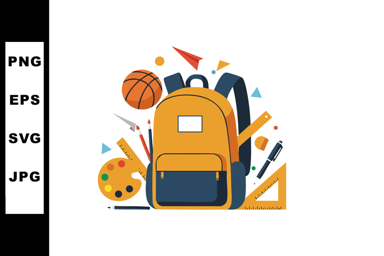 School Backpack with Basketball and Art Supplies Vector Illu