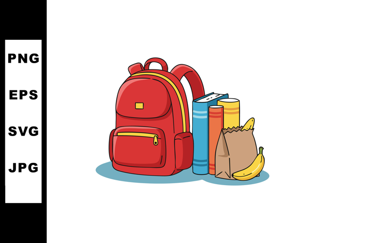 Red Backpack with Books and Lunch Bag Illustration for Schoo