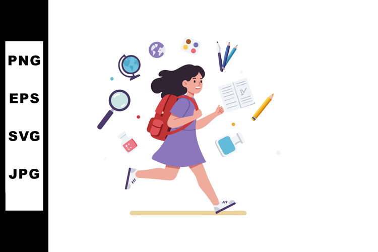 Schoolgirl running with backpack and educational supplies ve