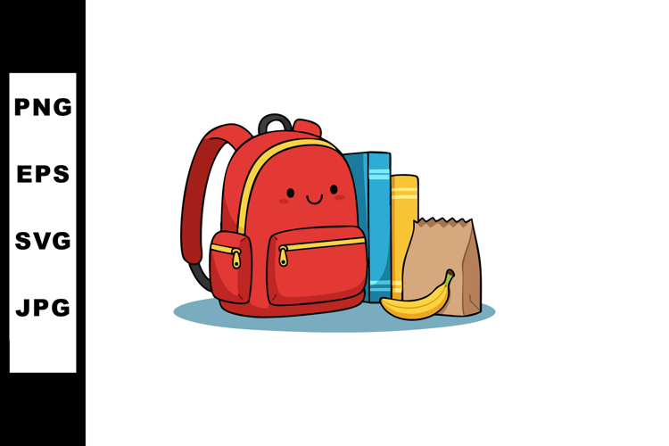 Red backpack with lunch bag banana and blue yellow books bac example image 1