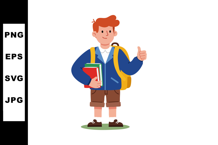 Schoolboy with backpack holding books and giving thumbs up v