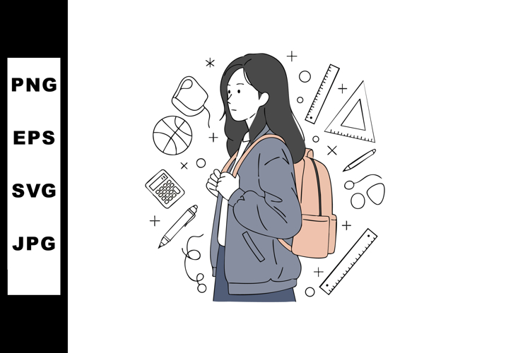 Young female student with backpack surrounded by study and s