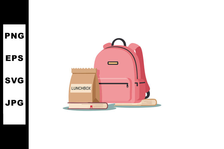 Pink School Backpack with Lunchbox and Books Vector Illustra