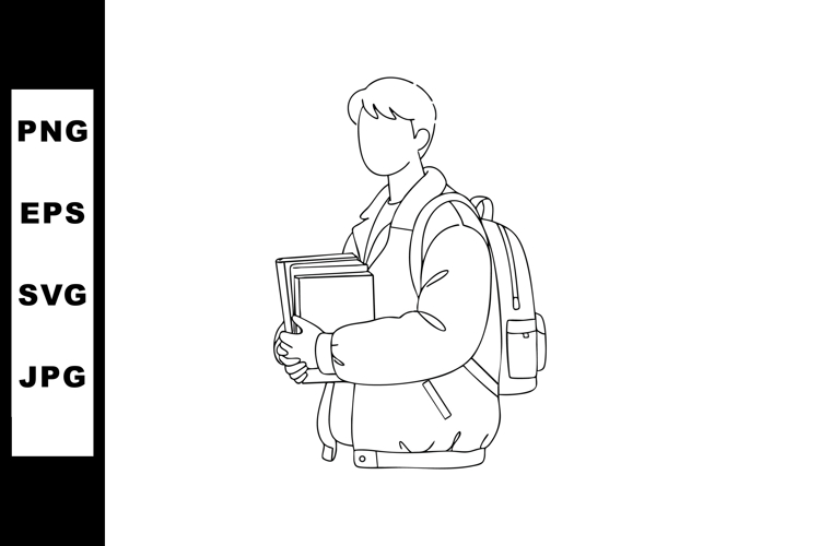 Student carrying books and wearing backpack simple line art