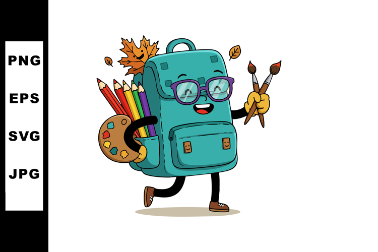 Animated blue school backpack with art supplies and autumn l example image 1