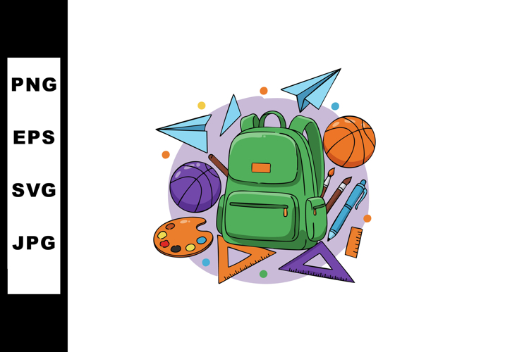 Green backpack with school supplies art supplies and sports