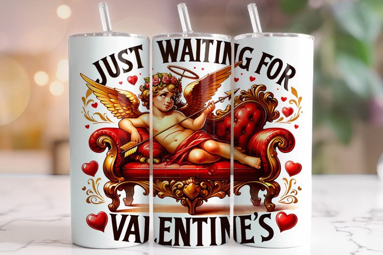 Just Waiting For Valentines Tumbler Wrap, Cupid Tumbler PNG