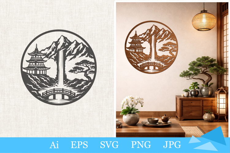 Wall art, Laser Cut, SVG, cut file, decorations, nature, Traditional oriental, landscape, pagoda 