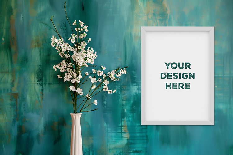 Frame mockup on grunge industrial wall with vase and flowers