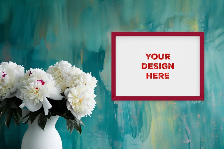 Frame mockup on grunge industrial wall with vase and flowers example image 1