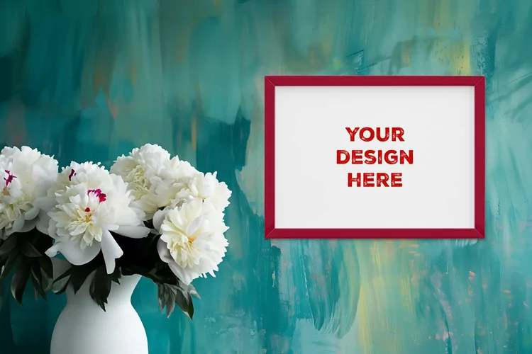 Frame mockup on grunge industrial wall with vase and flowers