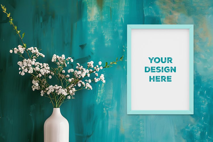 Frame mockup on grunge industrial wall with vase and flowers