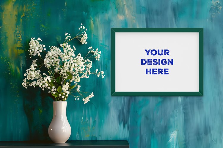 Frame mockup on grunge industrial wall with vase and flowers example image 1