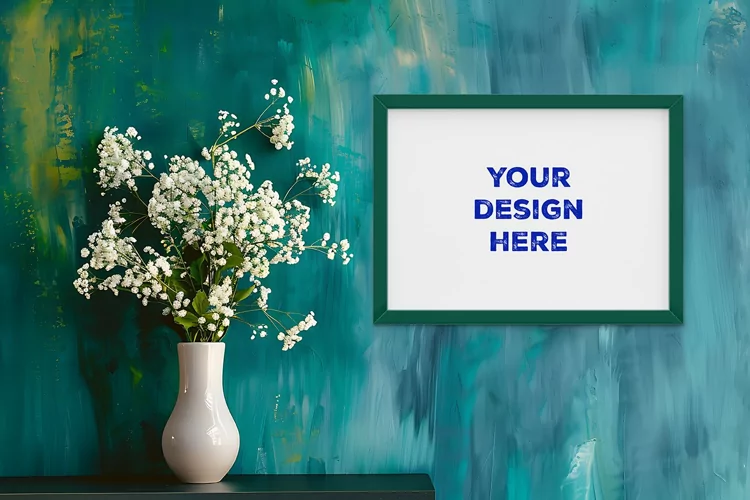 Frame mockup on grunge industrial wall with vase and flowers