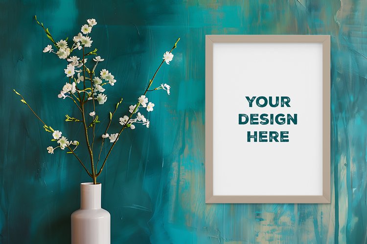 Frame mockup on grunge industrial wall with vase and flowers