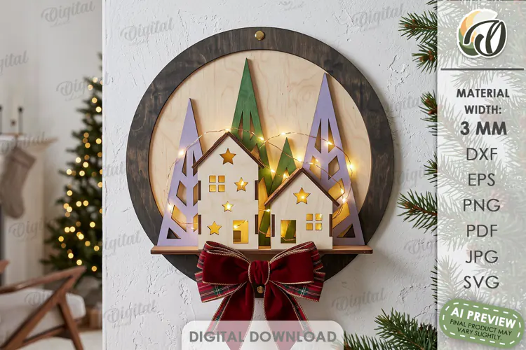 Christmas Village Round Sign Laser Cut. Wall Decor SVG
