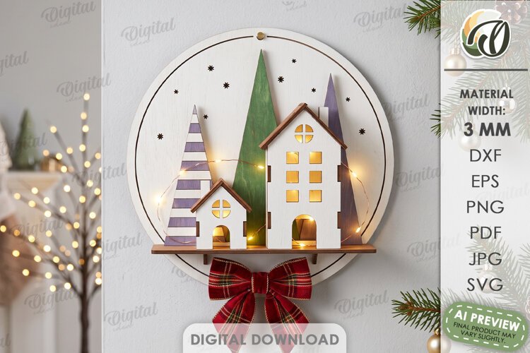 Christmas Village Round Sign Laser Cut. Wall Decor SVG example image 1