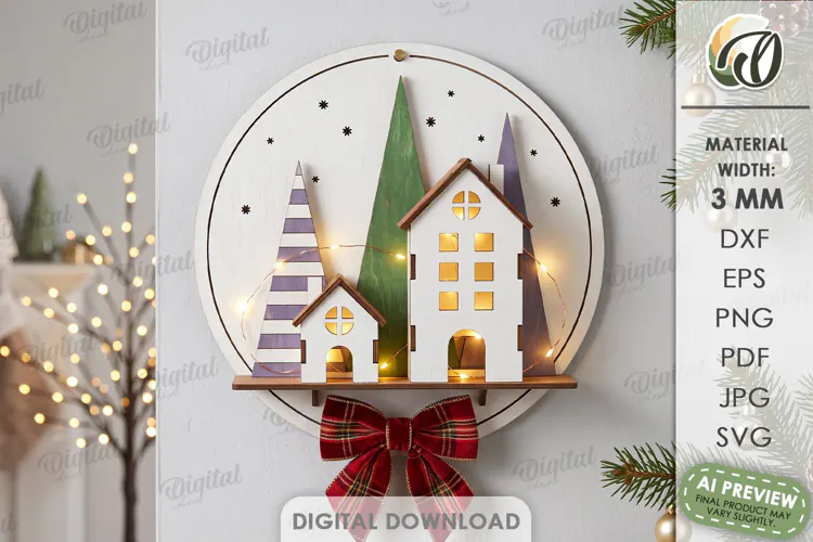 Christmas Village Round Sign Laser Cut. Wall Decor SVG